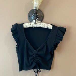 Zara Ruched cropped top- Ruffled Shoulders Black- Large